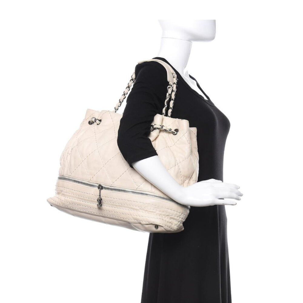 Chanel Lambskin Stitched Expandable Tote White/Cream